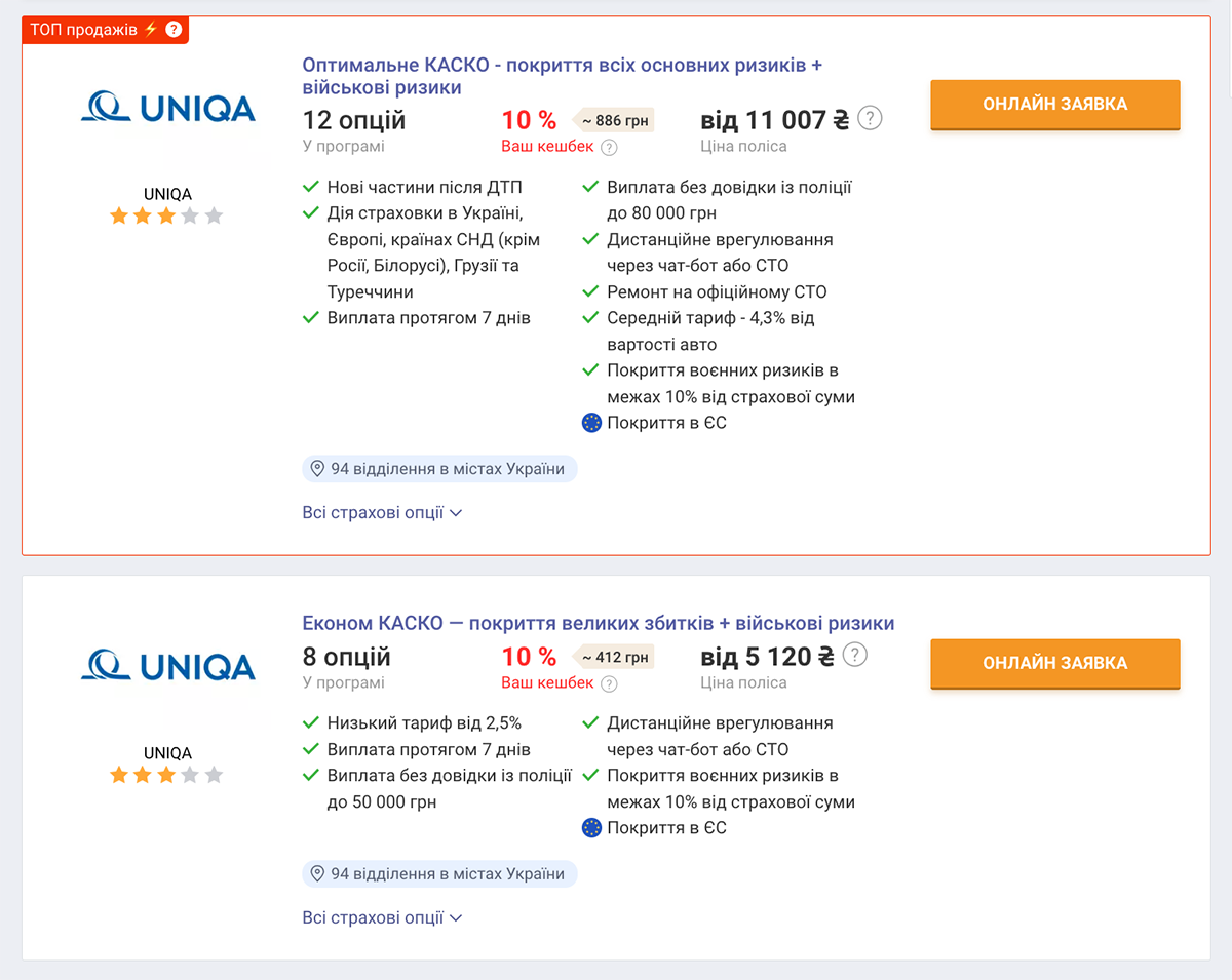 КАСКО з покриттям воєнних ризиків — UNIQA